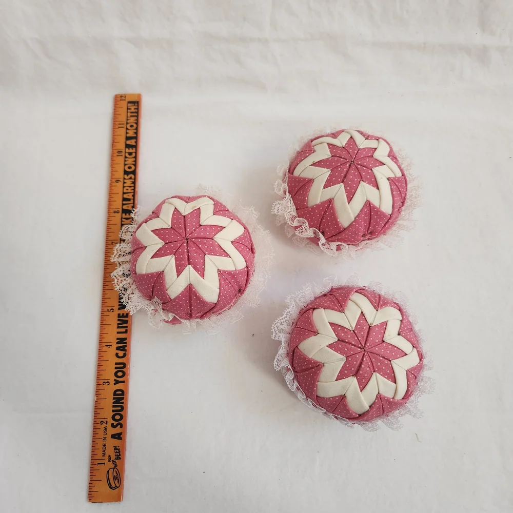 Pink and White Quilted Ball Christmas Ornaments